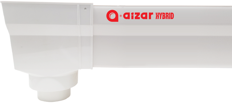 Close-up of an Aizar Hybrid product featuring a sleek, white design with the brand name and logo in red on the surface.